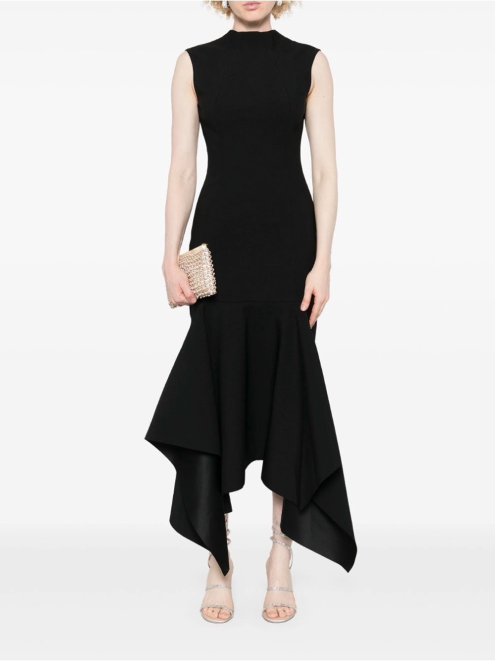 Solace London Black Sleeveless High-Neck Asymmetric High-Low Dress